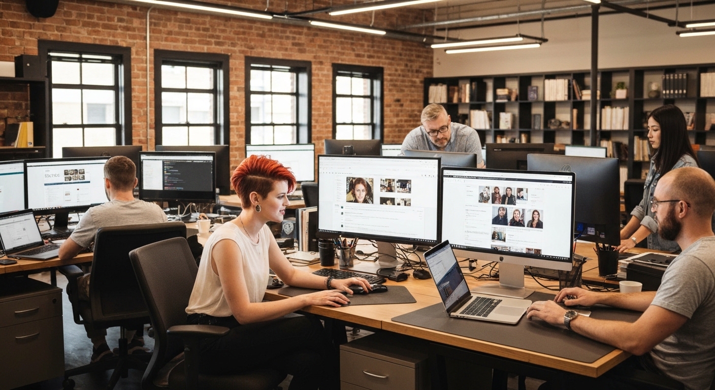 Creative agency office with multiple monitors