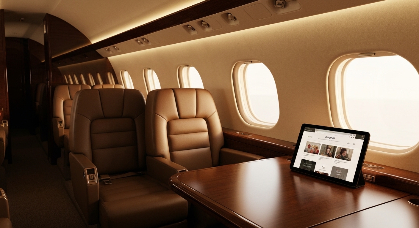 Luxury private jet interior with tablet