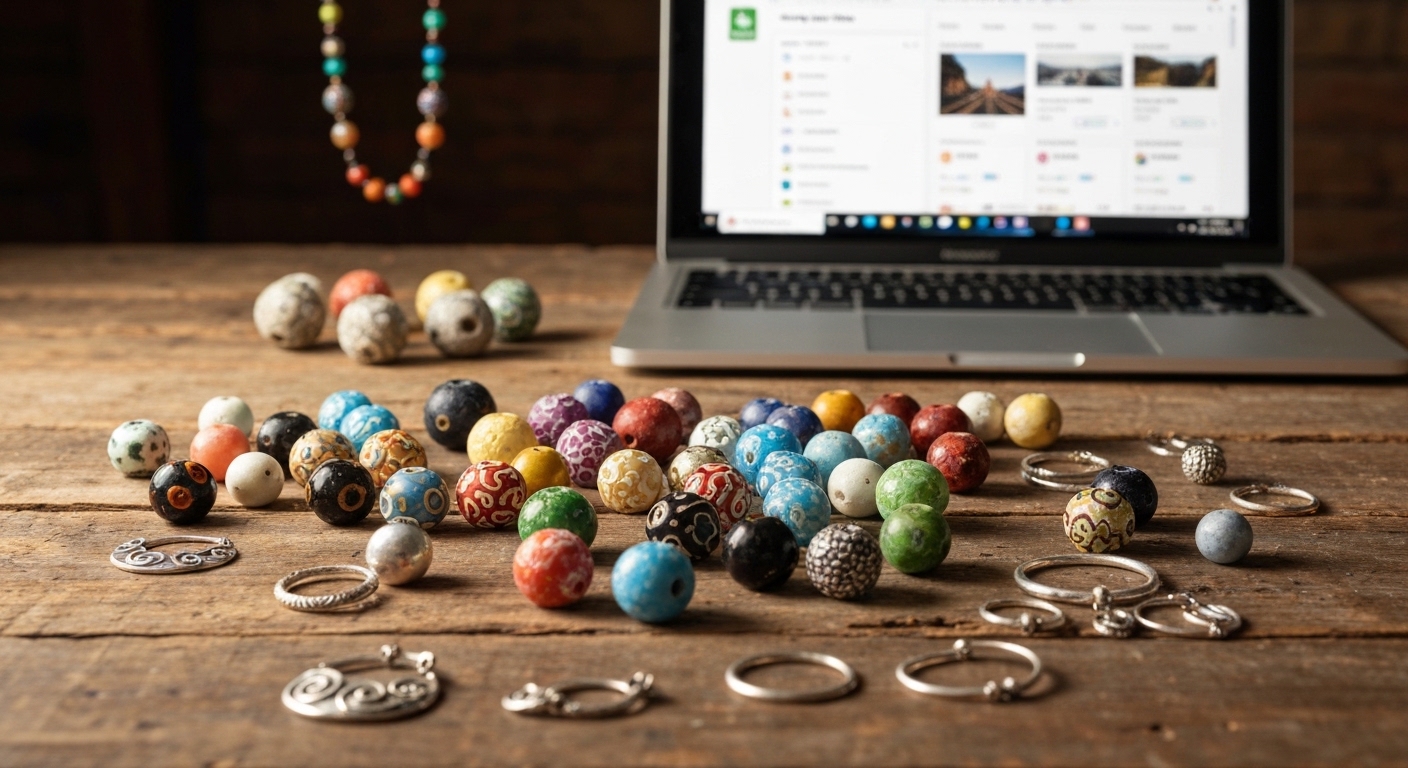 Handmade beads and jewelry on artisan table