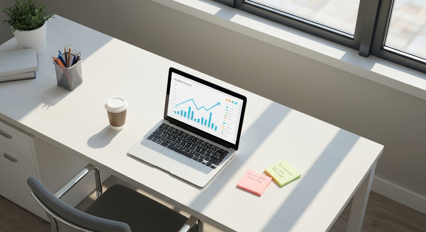 SaaS startup desk with analytics dashboard