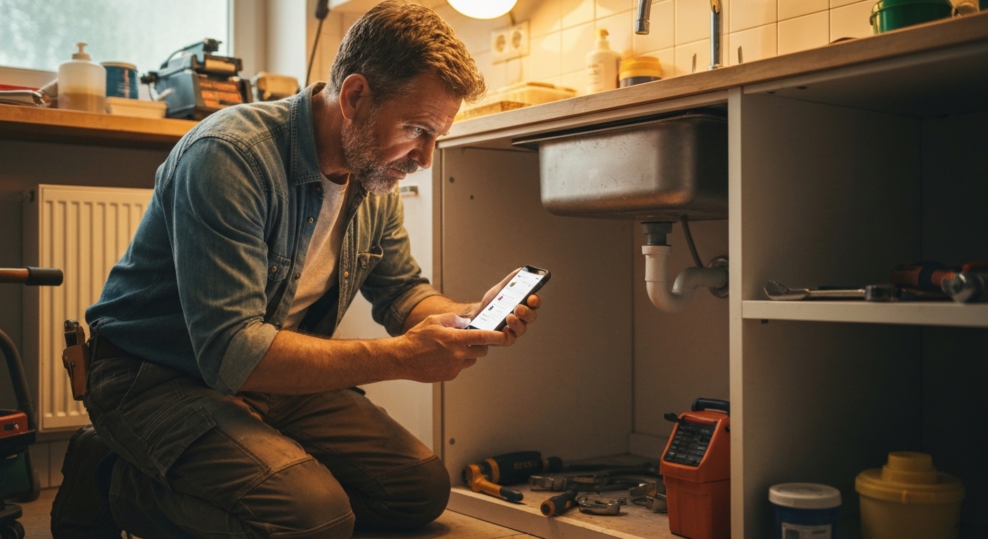 Local plumber searching Google on phone